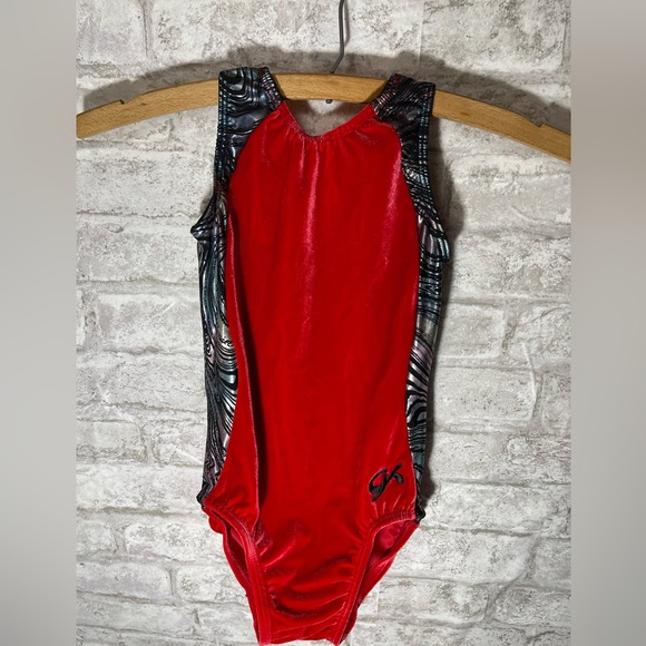 Gk Gymnastics Red Velvet with Black, Silver & Color Accents Girl's Size CM - Picture 1 of 9